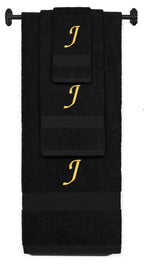 Black monogrammed towel set with Gold thread, Chancery font, initial J - 540 GSM cotton 3-piece
