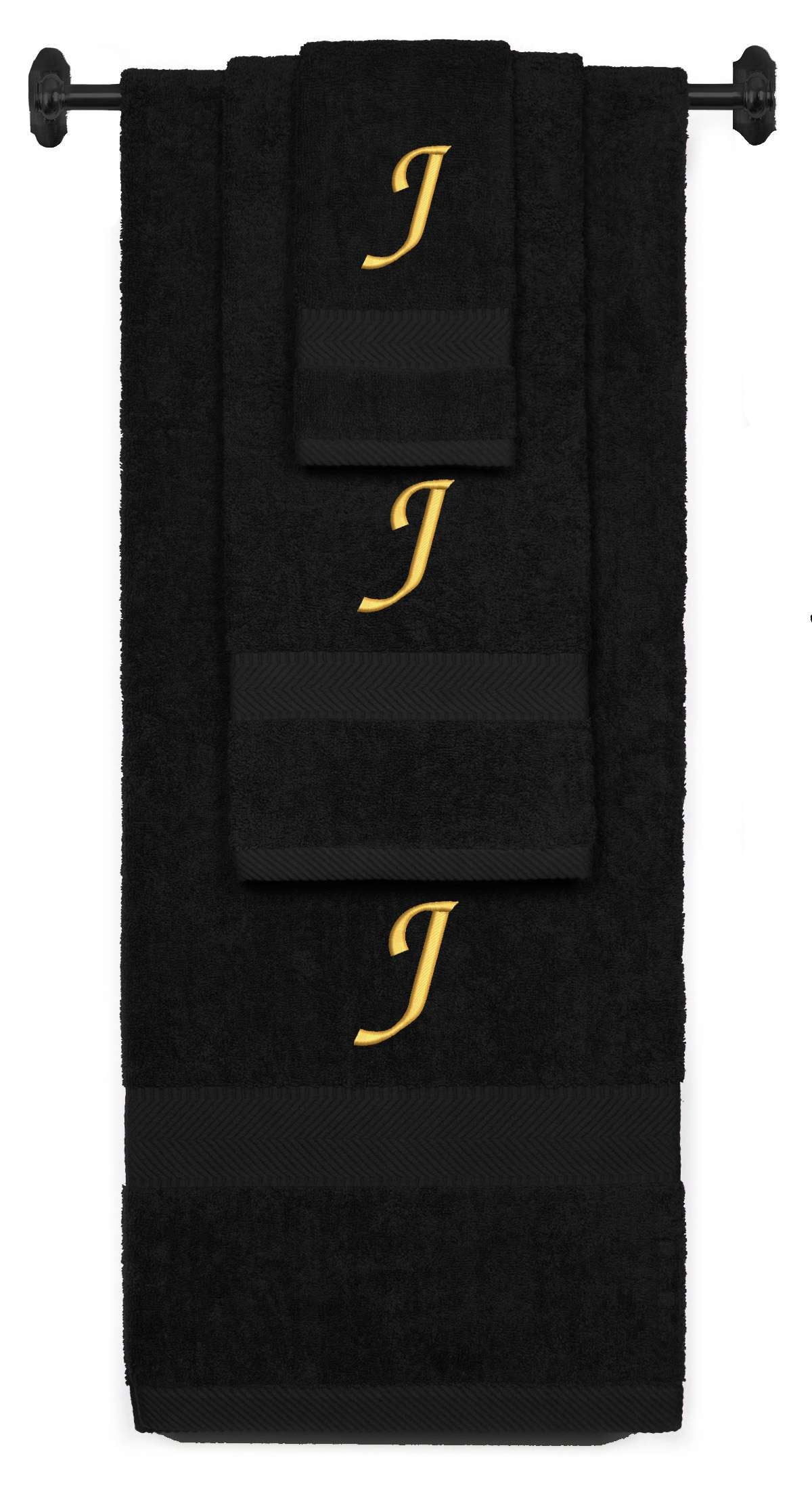 Black monogrammed towel set with Gold thread, Chancery font, initial J - 540 GSM cotton 3-piece