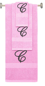 Pink monogrammed towel set with Black thread, Diana Script font, initial C - 540 GSM cotton 3-piece