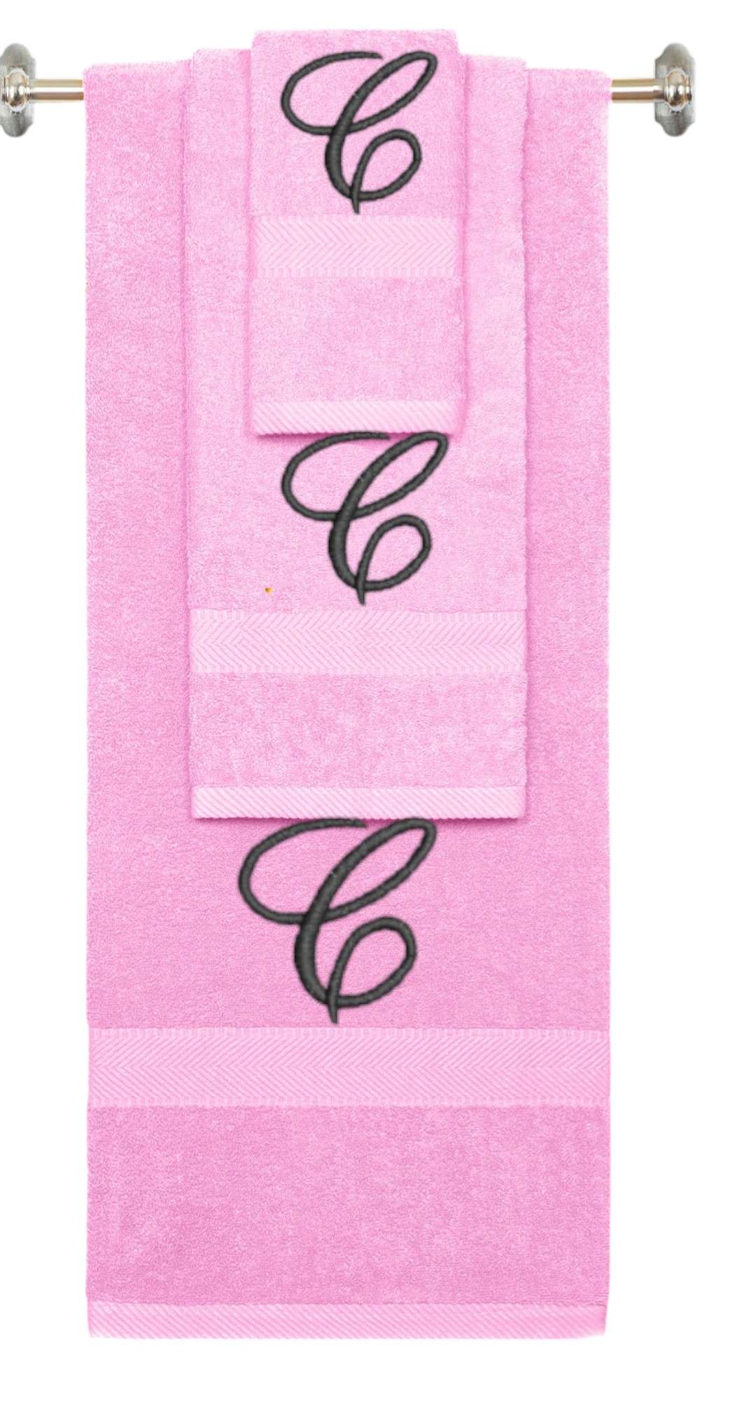 Pink monogrammed towel set with Black thread, Diana Script font, initial C - 540 GSM cotton 3-piece