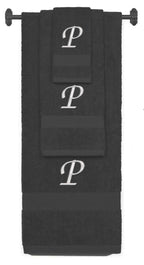 Charcoal monogrammed towel set with Silver thread, Chancery font, initial P - 540 GSM cotton 3-piece