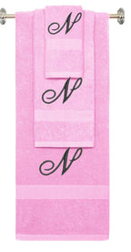 Pink monogrammed towel set with Black thread, Diana Script font, initial N - 540 GSM cotton 3-piece