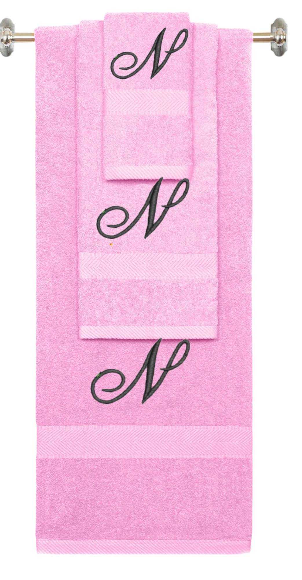 Pink monogrammed towel set with Black thread, Diana Script font, initial N - 540 GSM cotton 3-piece