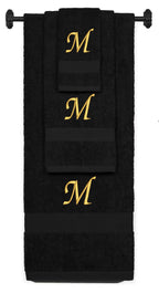 Black monogrammed towel set with Gold thread, Chancery font, initial M - 540 GSM cotton 3-piece