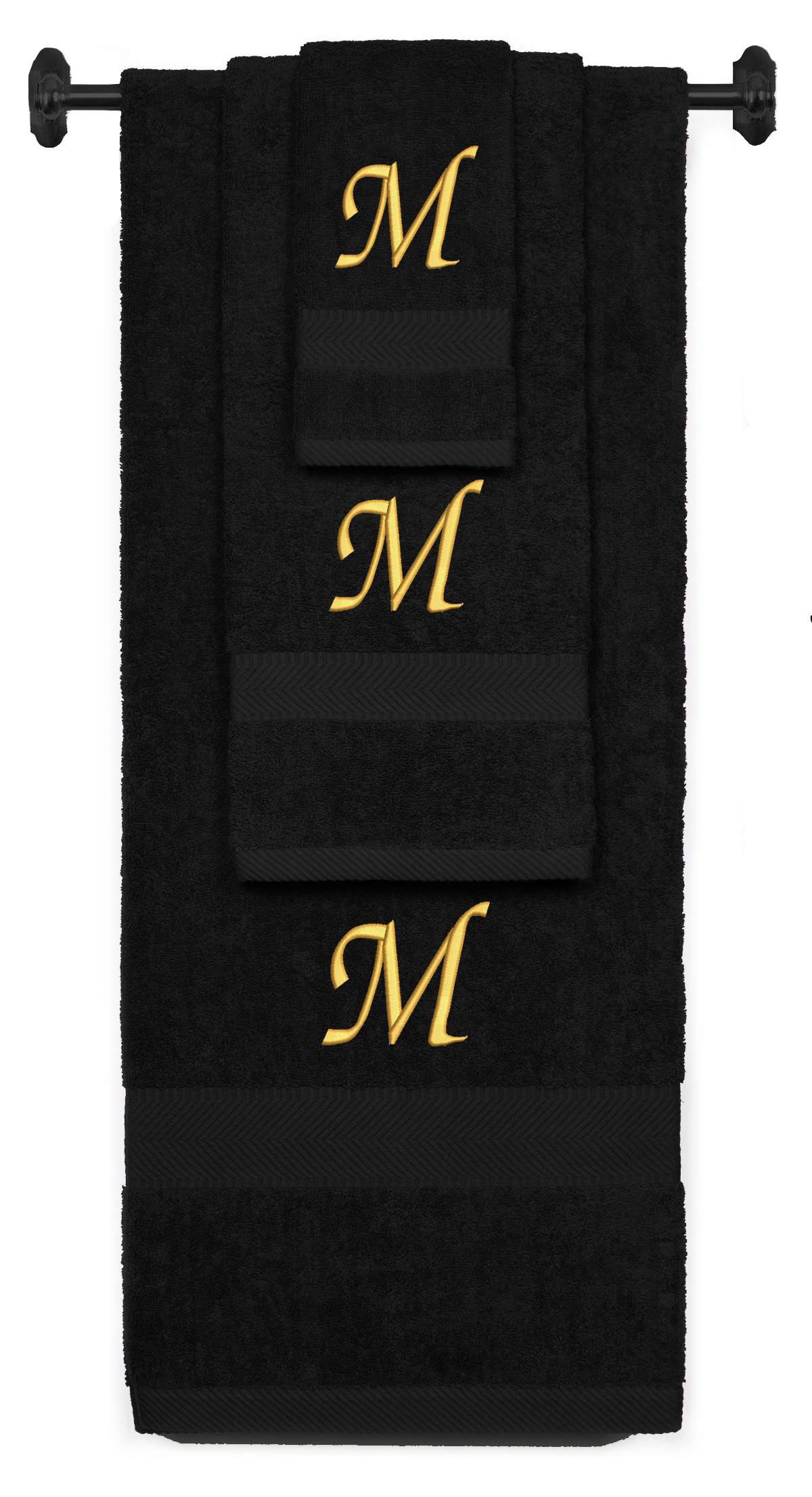 Black monogrammed towel set with Gold thread, Chancery font, initial M - 540 GSM cotton 3-piece