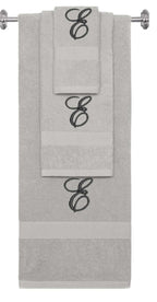 Silver monogrammed towel set with Black thread, Diana Script font, initial E - 540 GSM cotton 3-piece