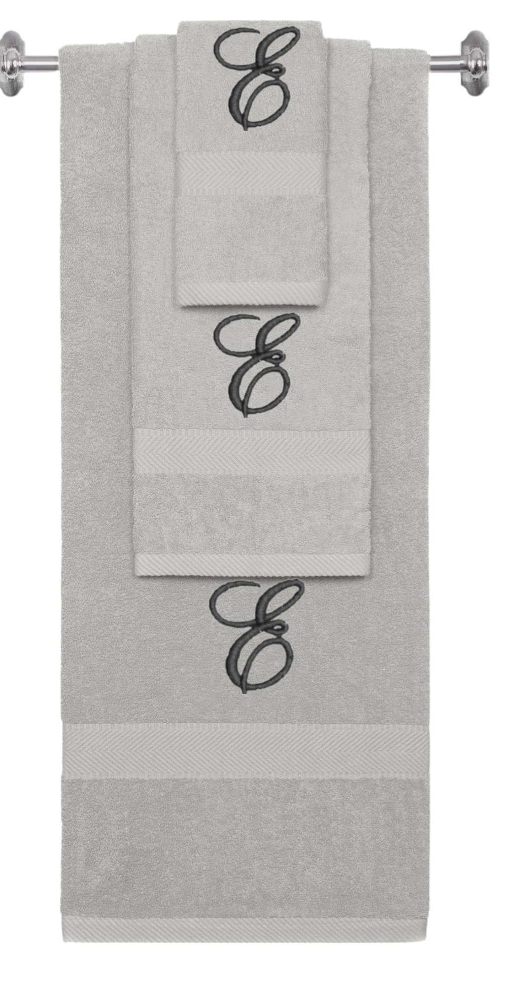 Silver monogrammed towel set with Black thread, Diana Script font, initial E - 540 GSM cotton 3-piece
