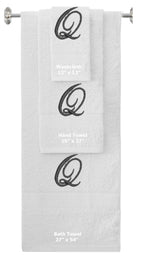 White monogrammed towel set with Black thread, Diana Script font, initial Q - 540 GSM cotton 3-piece