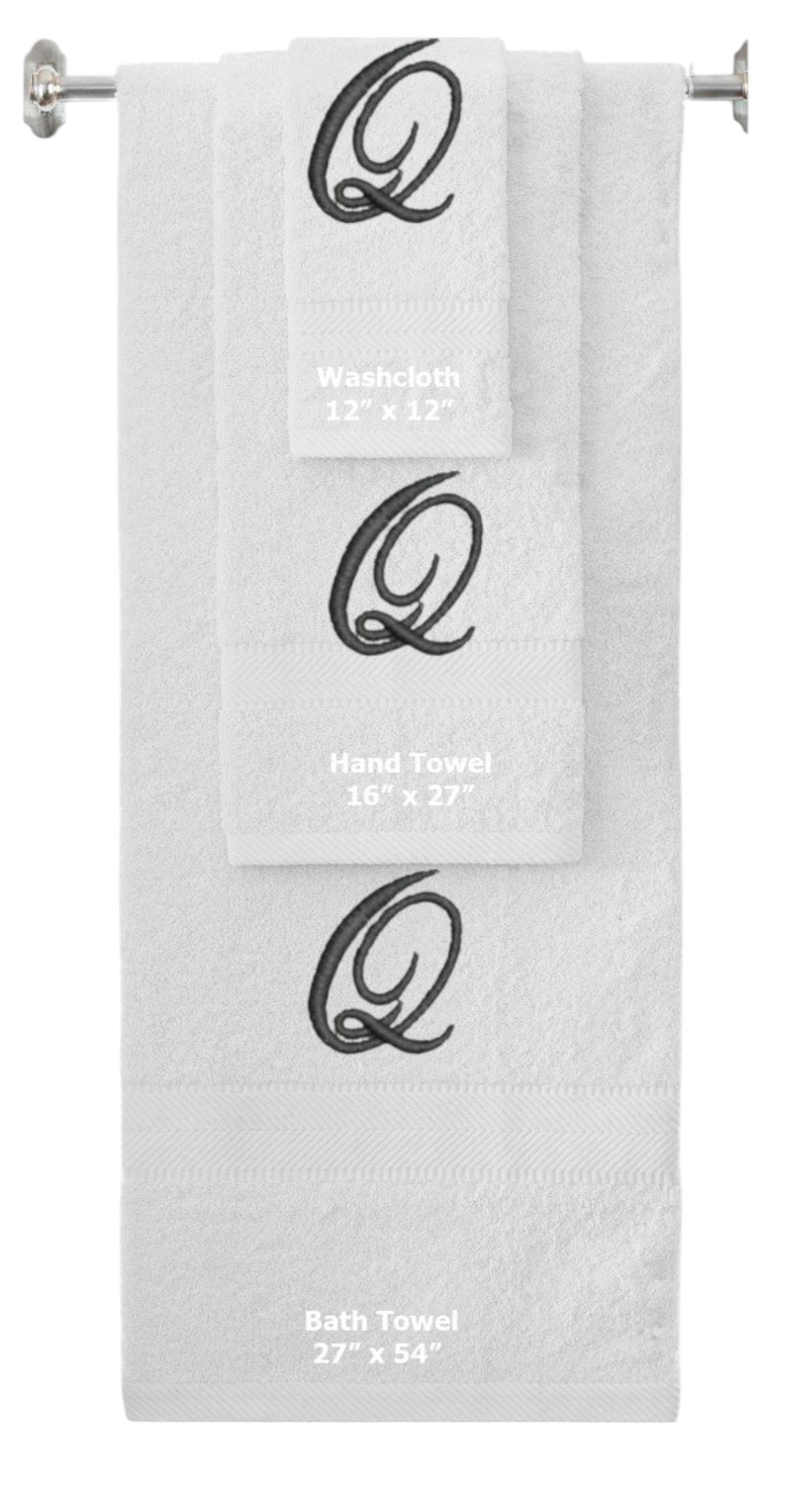 White monogrammed towel set with Black thread, Diana Script font, initial Q - 540 GSM cotton 3-piece