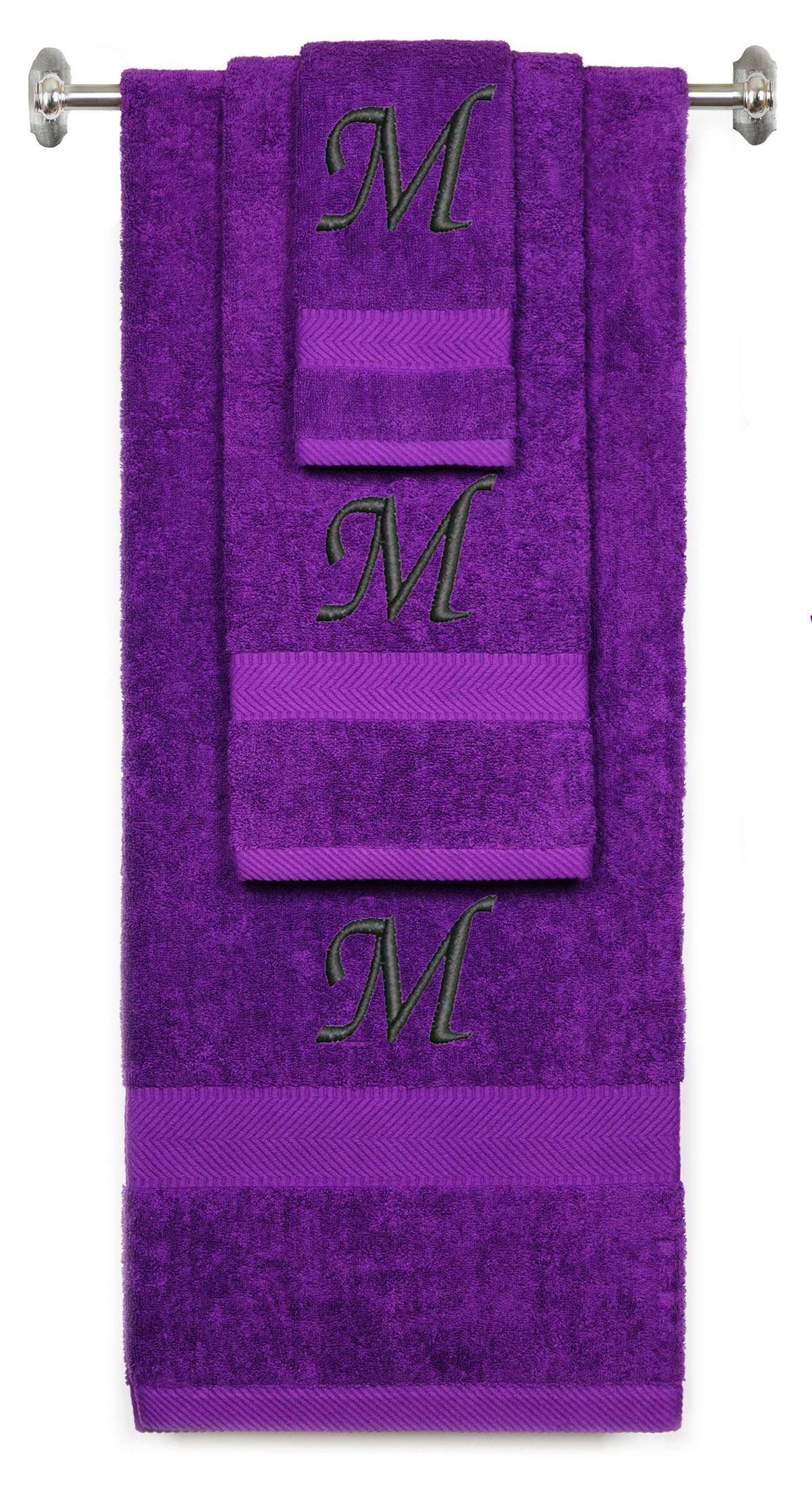 Purple monogrammed towel set with Black thread, Chancery font, initial M - 540 GSM cotton 3-piece