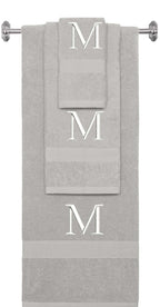 Silver monogrammed towel set with White thread, Times New Roman font, initial M - 540 GSM cotton 3-piece