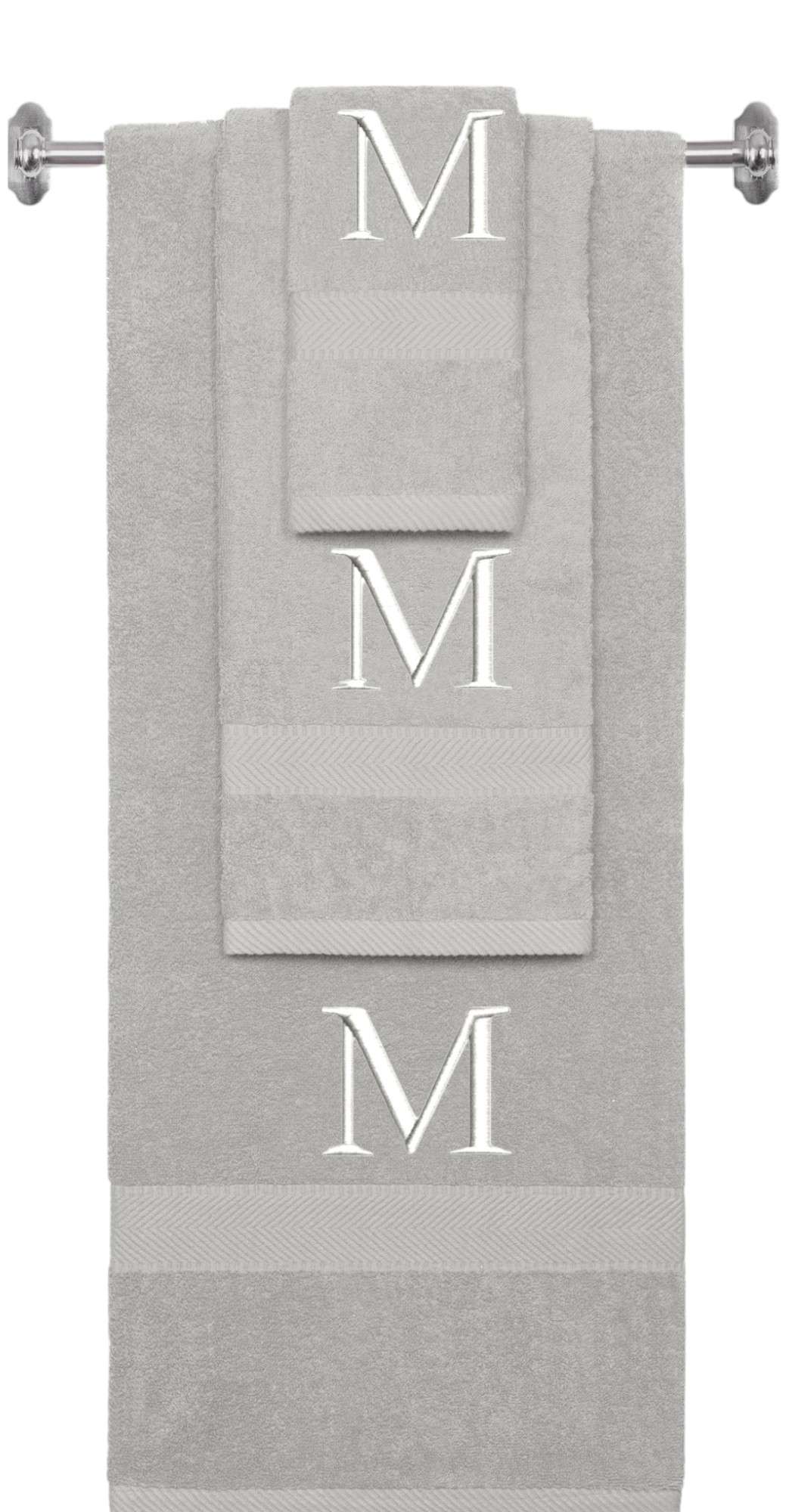 Silver monogrammed towel set with White thread, Times New Roman font, initial M - 540 GSM cotton 3-piece