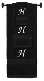 Black monogrammed towel set with White thread, Chancery font, initial H - 540 GSM cotton 3-piece