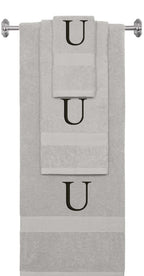 Silver monogrammed towel set with Black thread, Times New Roman font, initial U - 540 GSM cotton 3-piece