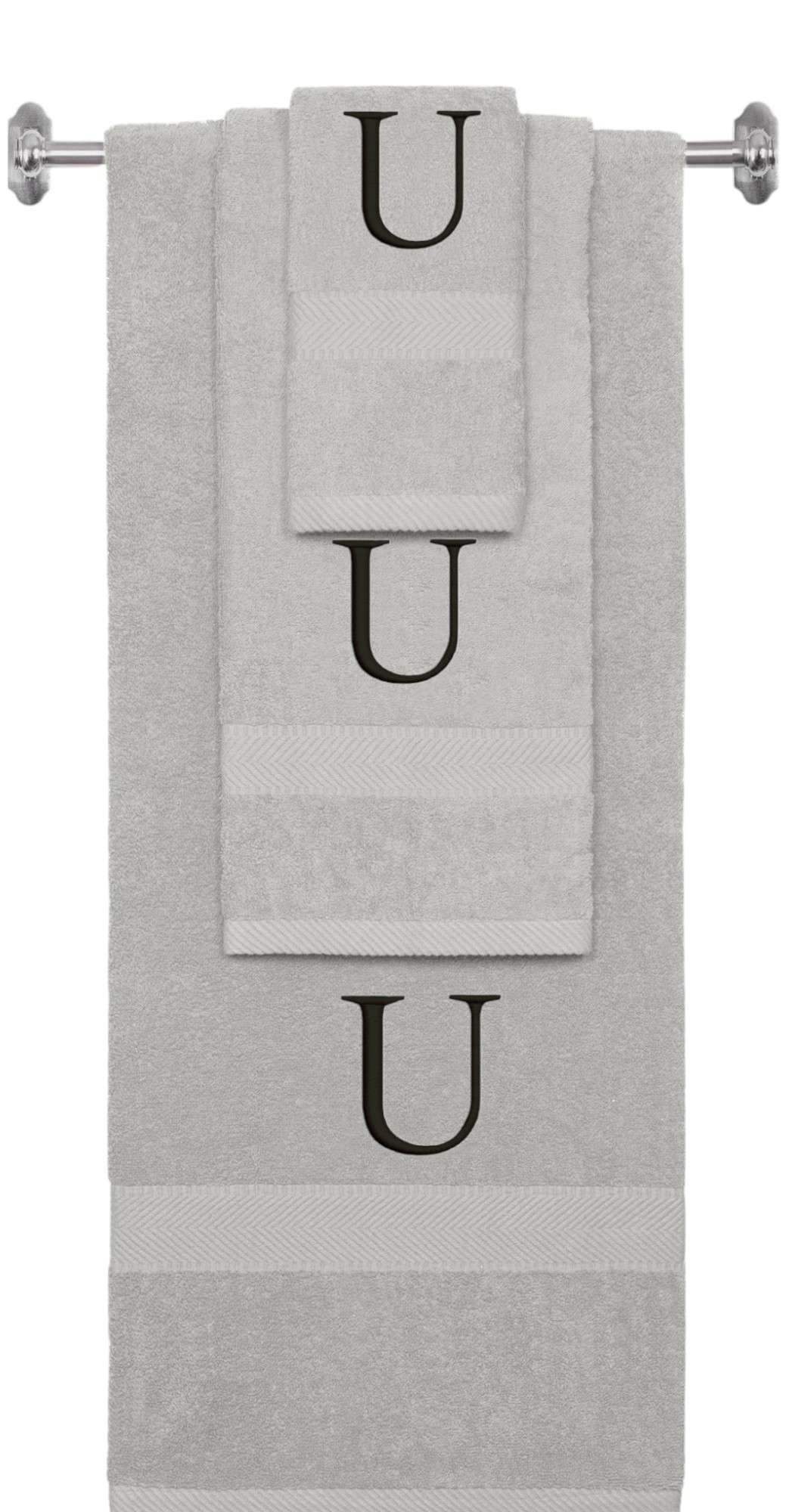 Silver monogrammed towel set with Black thread, Times New Roman font, initial U - 540 GSM cotton 3-piece
