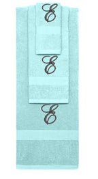 Nautical Teal monogrammed towel set with Black thread, Diana Script font, initial E - 540 GSM cotton 3-piece