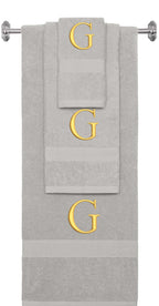 Silver monogrammed towel set with Gold thread, Times New Roman font, initial G - 540 GSM cotton 3-piece