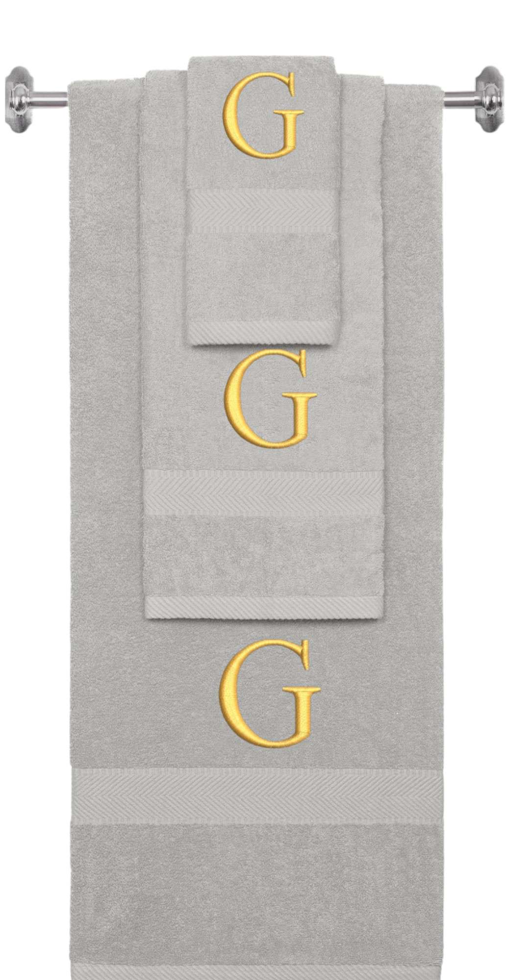 Silver monogrammed towel set with Gold thread, Times New Roman font, initial G - 540 GSM cotton 3-piece