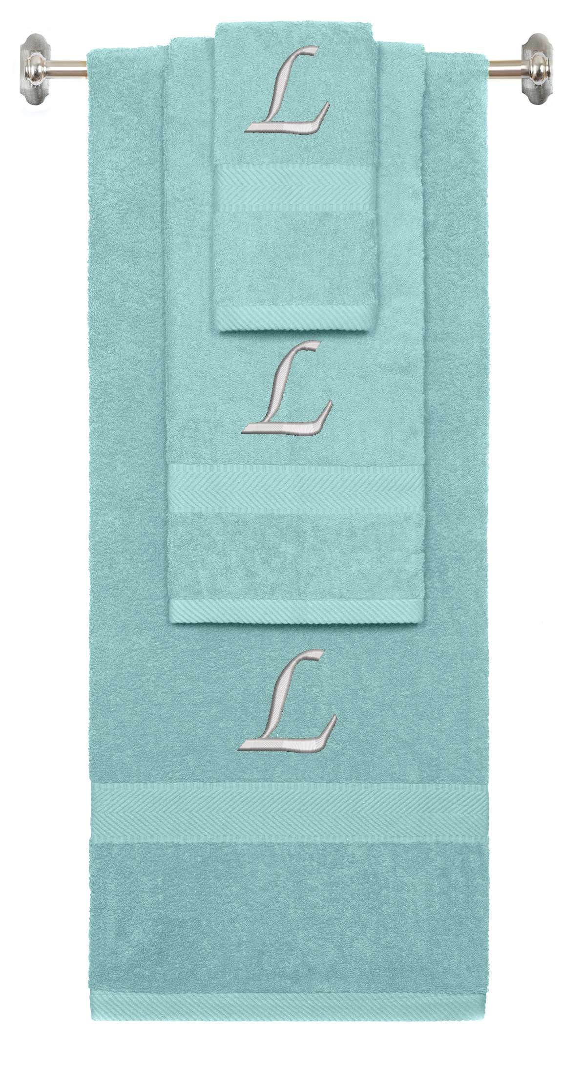 Nautical Teal monogrammed towel set with Silver thread, Chancery font, initial L - 540 GSM cotton 3-piece