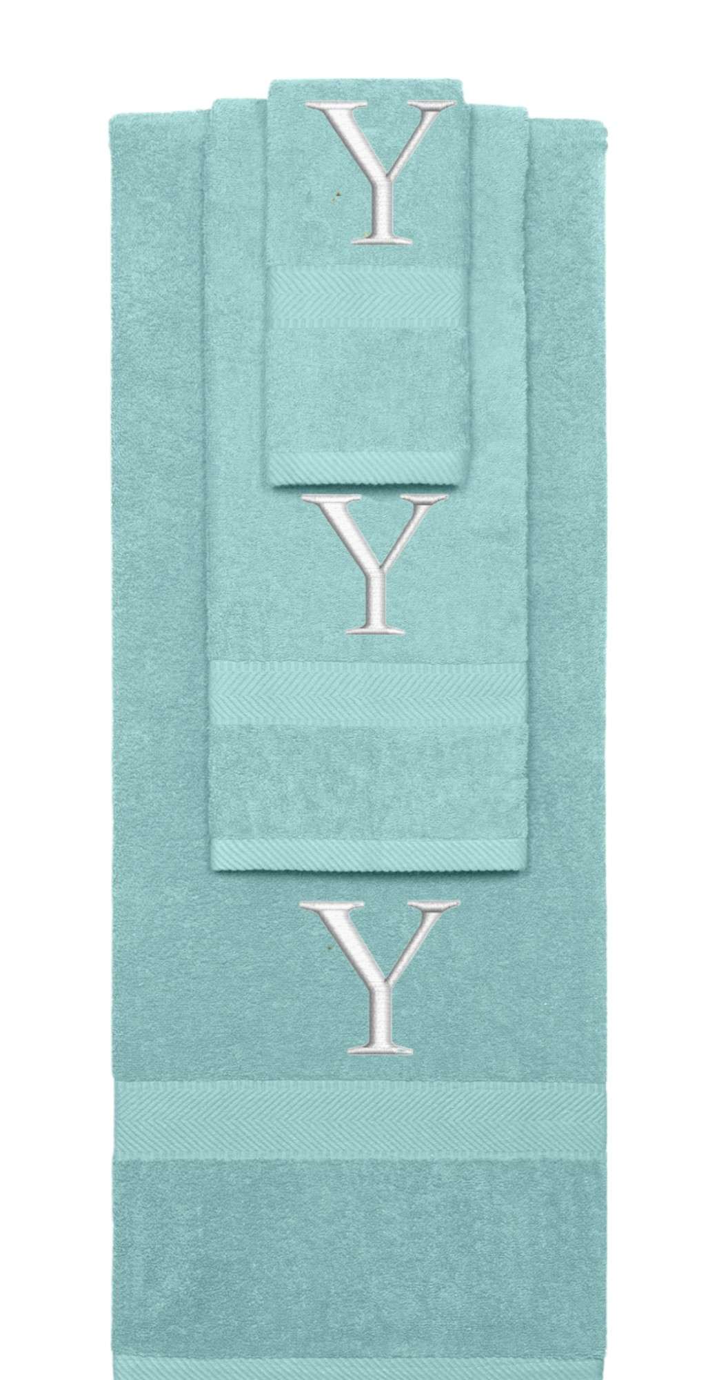 Nautical Teal monogrammed towel set with Silver thread, Times New Roman font, initial Y - 540 GSM cotton 3-piece