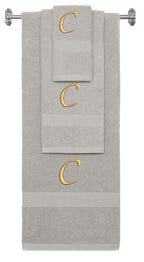Silver monogrammed towel set with Gold thread, Chancery font, initial C - 540 GSM cotton 3-piece
