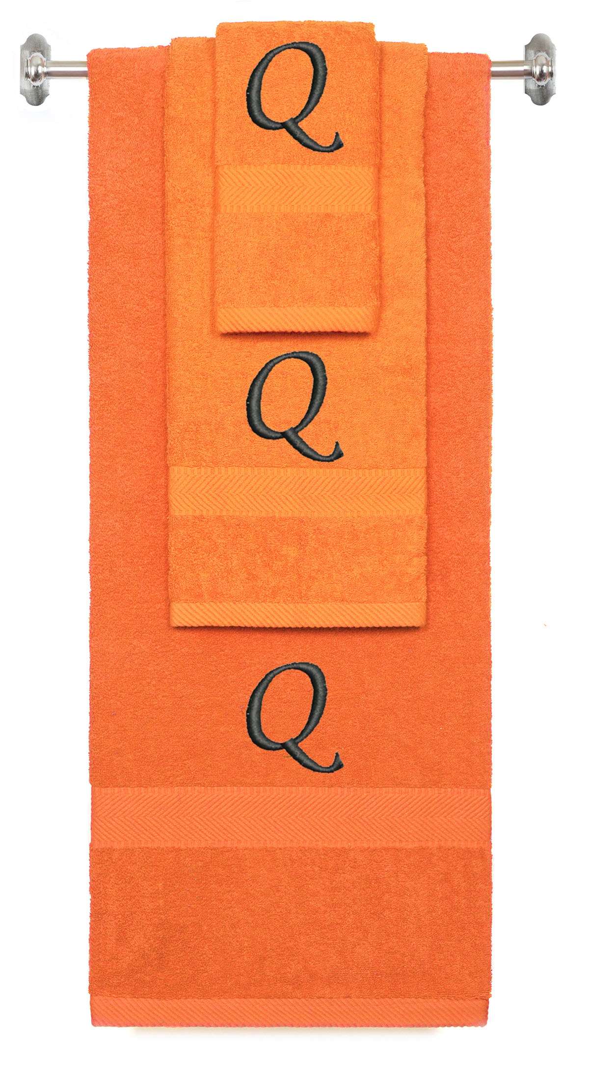 Orange monogrammed towel set with Black thread, Chancery font, initial Q - 540 GSM cotton 3-piece