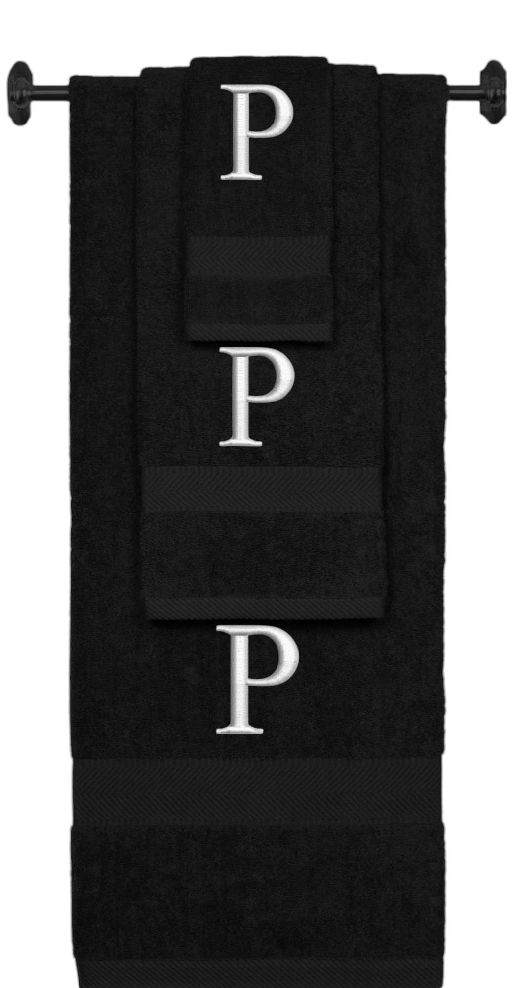 Black monogrammed towel set with Silver thread, Times New Roman font, initial P - 540 GSM cotton 3-piece