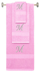 Pink monogrammed towel set with Silver thread, Chancery font, initial M - 540 GSM cotton 3-piece