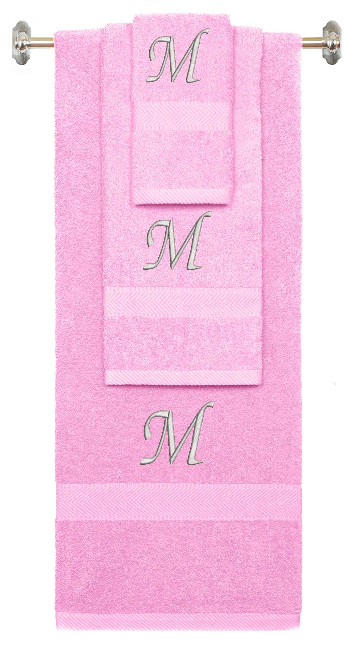 Pink monogrammed towel set with Silver thread, Chancery font, initial M - 540 GSM cotton 3-piece