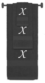 Charcoal monogrammed towel set with White thread, Chancery font, initial X - 540 GSM cotton 3-piece