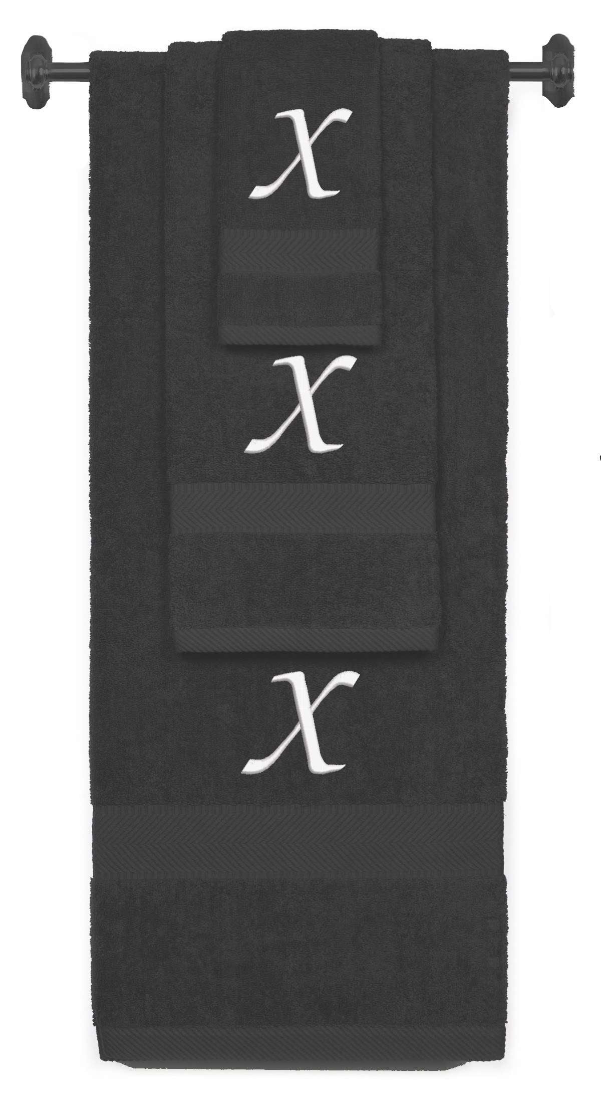 Charcoal monogrammed towel set with White thread, Chancery font, initial X - 540 GSM cotton 3-piece