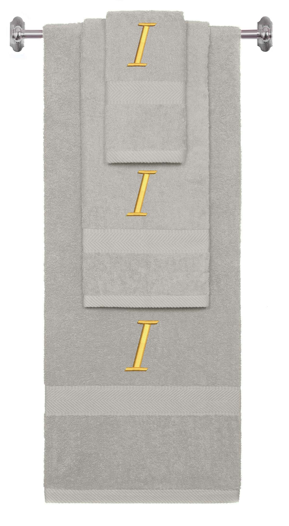 Silver monogrammed towel set with Gold thread, Chancery font, initial I - 540 GSM cotton 3-piece