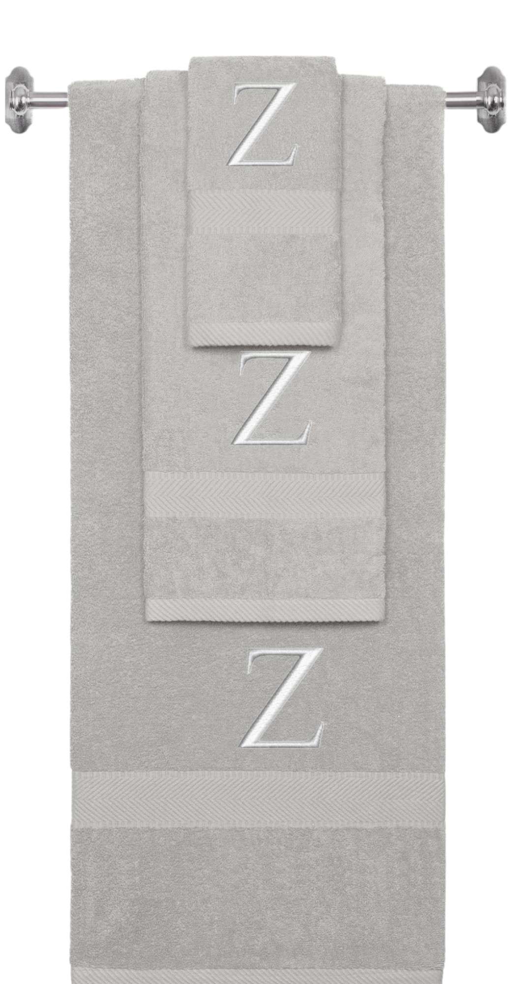 Silver monogrammed towel set with Silver thread, Times New Roman font, initial Z - 540 GSM cotton 3-piece