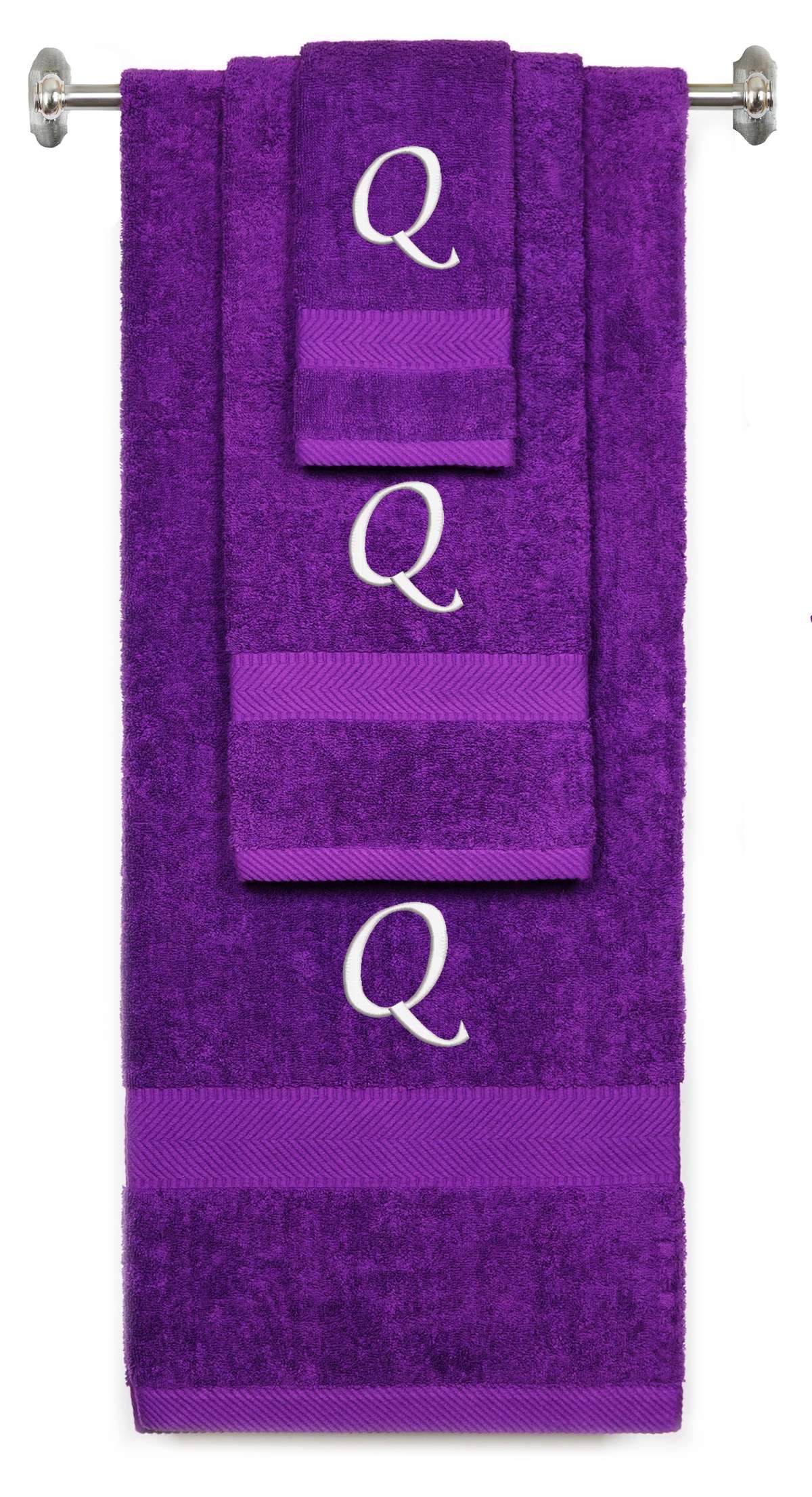 Purple monogrammed towel set with White thread, Chancery font, initial Q - 540 GSM cotton 3-piece