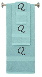 Nautical Teal monogrammed towel set with Black thread, Chancery font, initial Q - 540 GSM cotton 3-piece