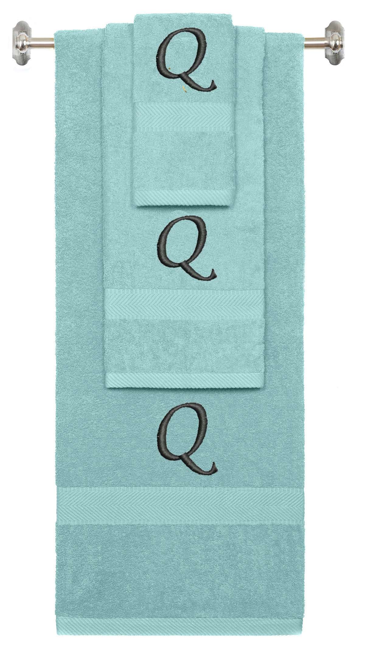 Nautical Teal monogrammed towel set with Black thread, Chancery font, initial Q - 540 GSM cotton 3-piece