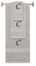 Silver monogrammed towel set with Black thread, Chancery font, initial C - 540 GSM cotton 3-piece