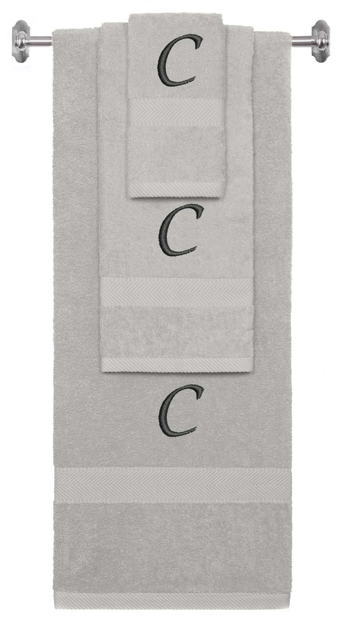 Silver monogrammed towel set with Black thread, Chancery font, initial C - 540 GSM cotton 3-piece
