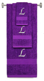 Purple monogrammed towel set with Silver thread, Chancery font, initial L - 540 GSM cotton 3-piece
