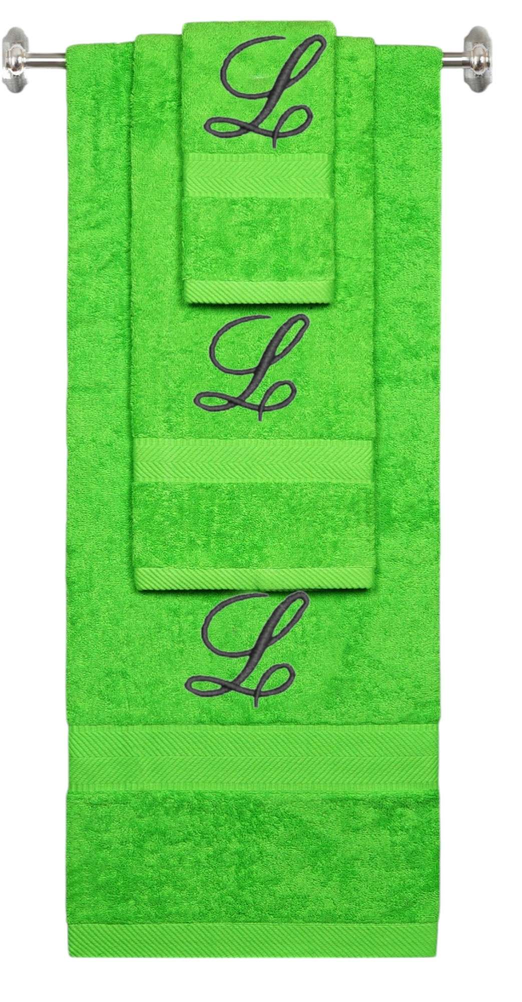 Lime monogrammed towel set with Black thread, Diana Script font, initial L - 540 GSM cotton 3-piece