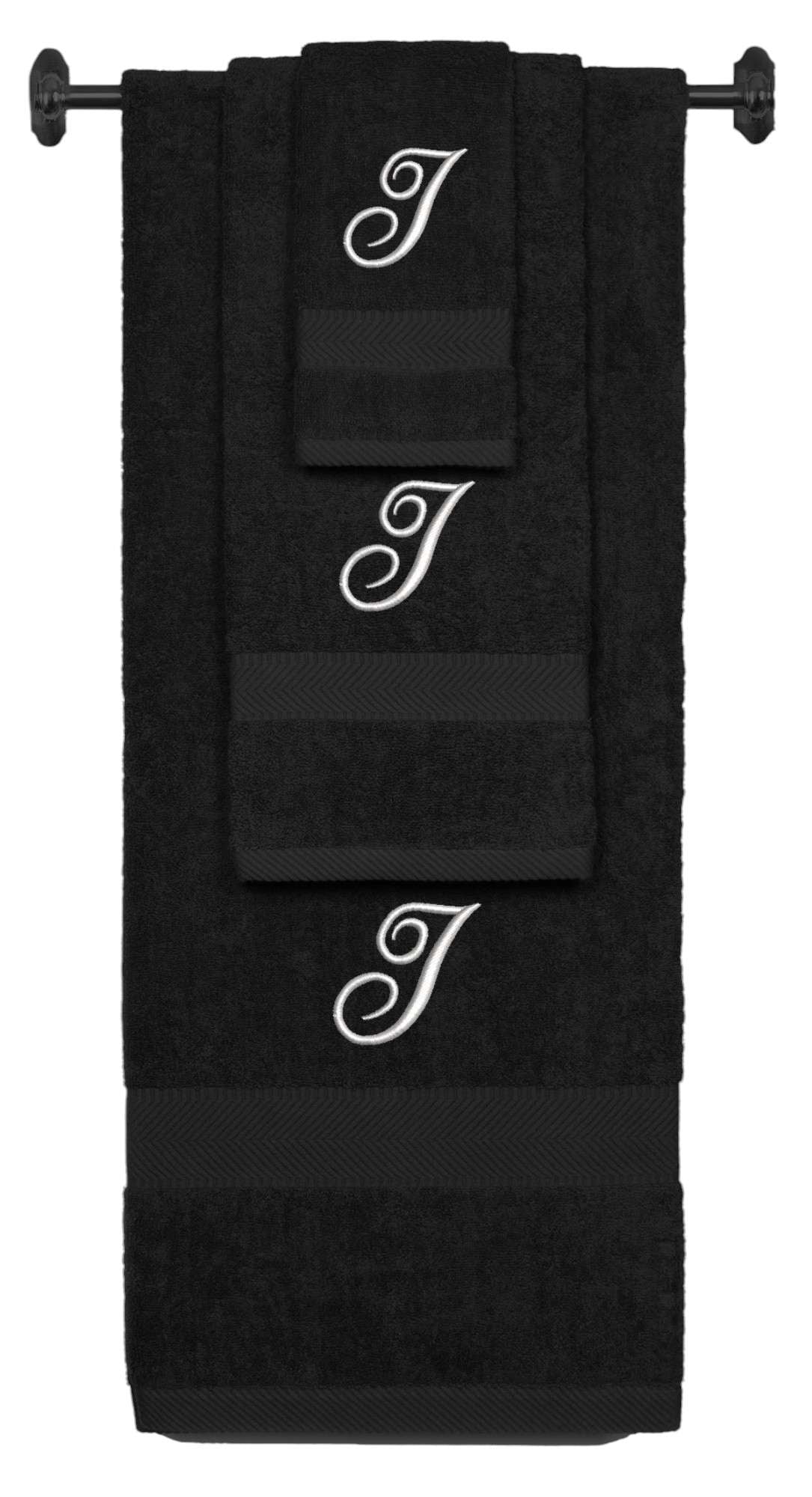 Black monogrammed towel set with Silver thread, Diana Script font, initial I - 540 GSM cotton 3-piece