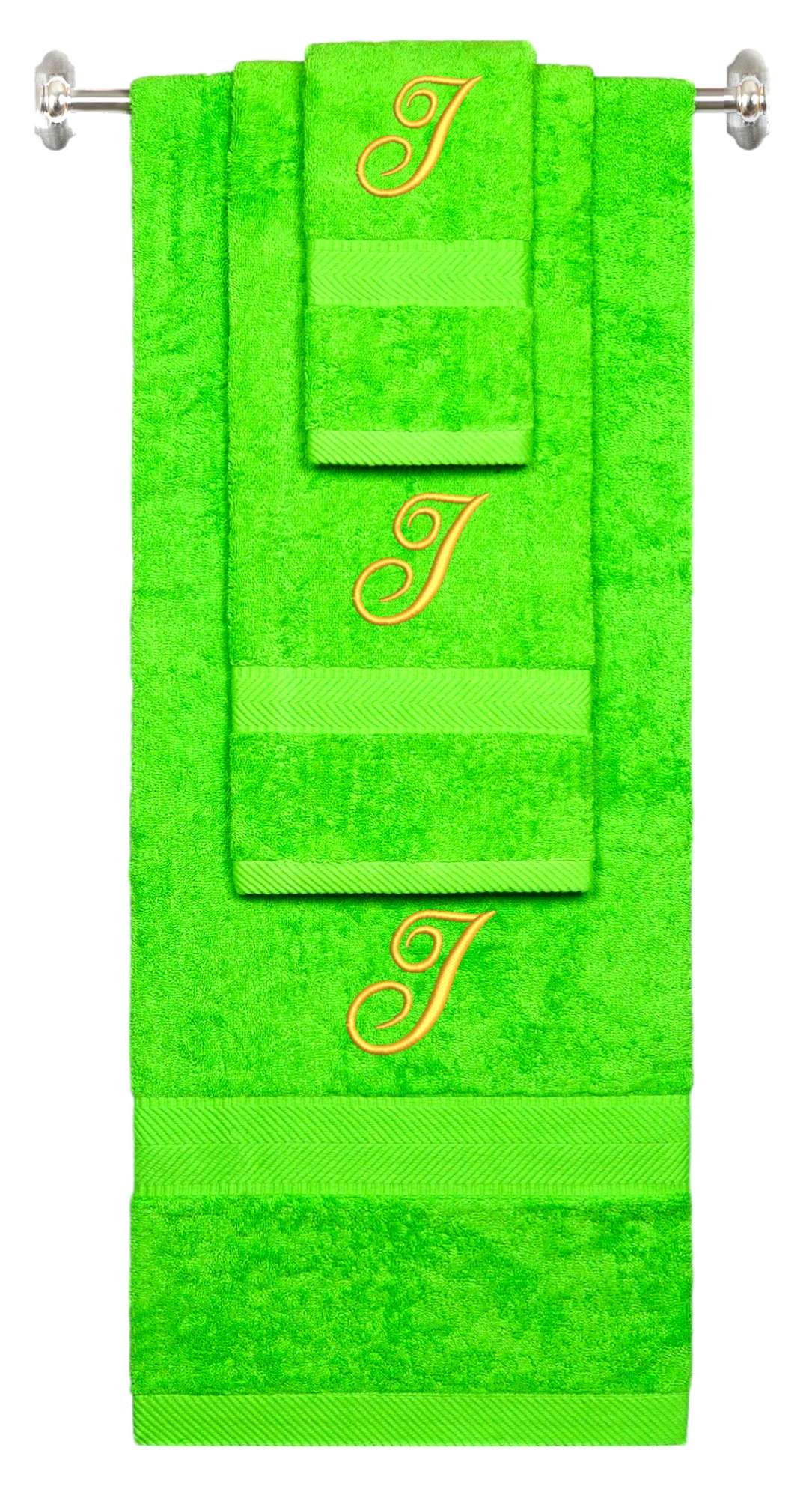 Lime monogrammed towel set with Gold thread, Diana Script font, initial I - 540 GSM cotton 3-piece