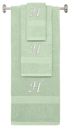 Mint Green monogrammed towel set with White thread, Chancery font, initial H - 540 GSM cotton 3-piece