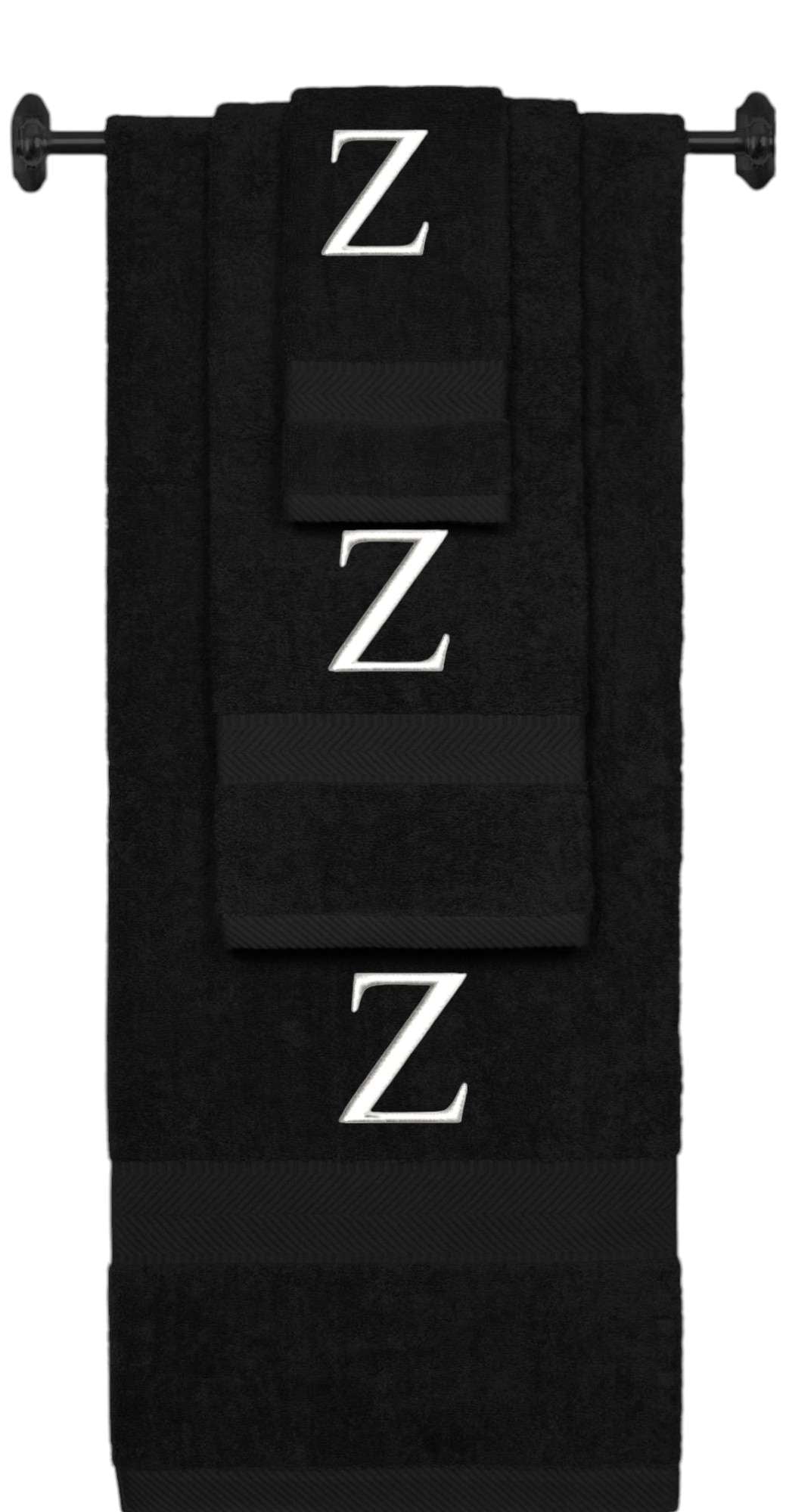 Black monogrammed towel set with White thread, Times New Roman font, initial Z - 540 GSM cotton 3-piece