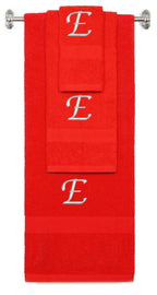 Red monogrammed towel set with Silver thread, Chancery font, initial E - 540 GSM cotton 3-piece