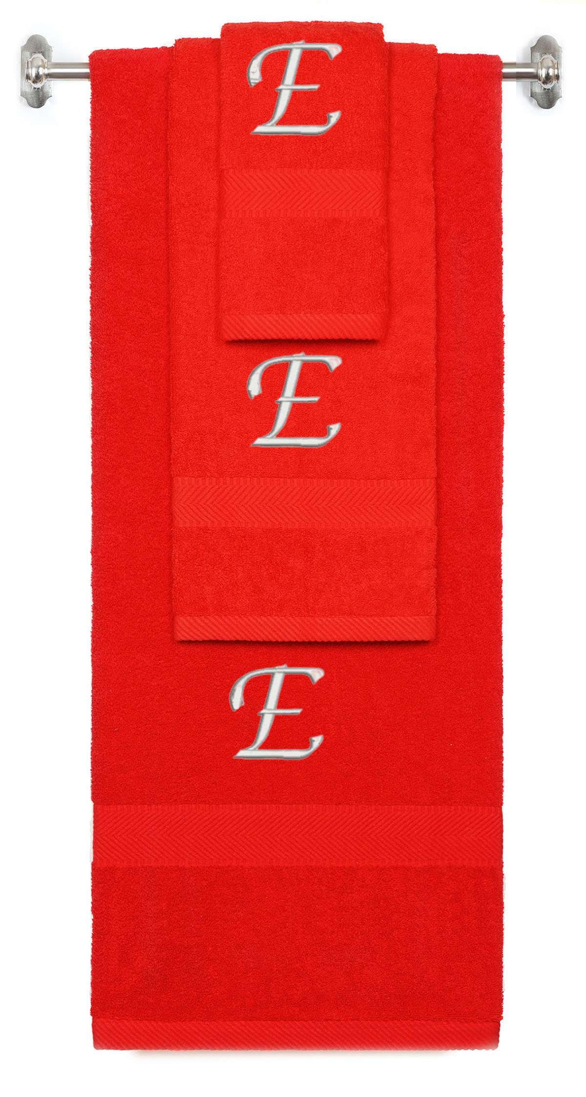 Red monogrammed towel set with Silver thread, Chancery font, initial E - 540 GSM cotton 3-piece