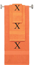 Orange monogrammed towel set with Black thread, Times New Roman font, initial X - 540 GSM cotton 3-piece