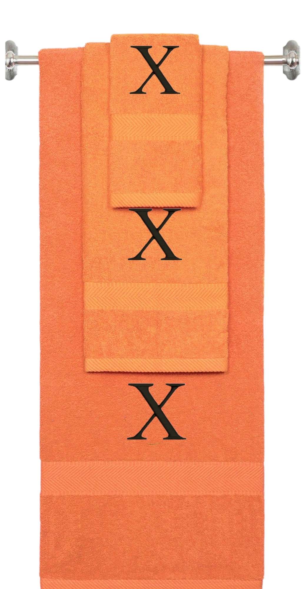 Orange monogrammed towel set with Black thread, Times New Roman font, initial X - 540 GSM cotton 3-piece