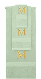 Mint Green monogrammed towel set with Gold thread, Times New Roman font, initial M - 540 GSM cotton 3-piece