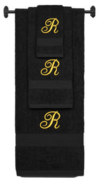 Black monogrammed towel set with Gold thread, Diana Script font, initial R - 540 GSM cotton 3-piece